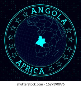 Angola round sign. Futuristic satelite view of the world centered to Angola. Country badge with map, round text and binary background. Appealing vector illustration.