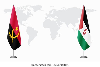 Angola and Sahrawi Arab Democratic Republic flags for official meeting against background of world map.