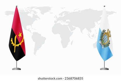 Angola and San Marino flags for official meeting against background of world map.