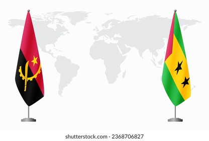 Angola and Sao Tome and Principe flags for official meeting against background of world map.