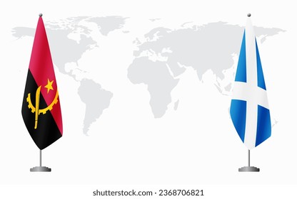 Angola and Scotland flags for official meeting against background of world map.