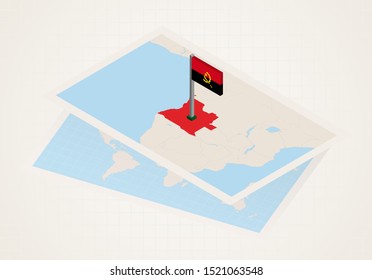 Angola selected on map with 3D flag of Angola. Vector paper map.