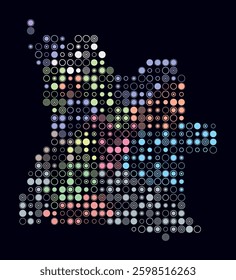 Angola, shape of the country built of colored cells. Digital style map of Angola on a dark background. Large size circle blocks. Amazing vector illustration.