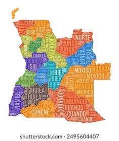Angola shape. Country word cloud with region division. Angola colored illustration. Region names cloud. Vector illustration.