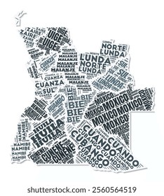 Angola shape text cloud. Country border with shadow on white background. Angola with regions division in vintage gazette style. Beautiful vector illustration.