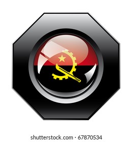 Angola shiny button flag with black frame -  vector illustration. Isolated abstract object against white background.