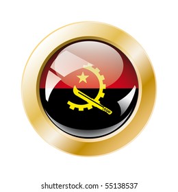 Angola shiny button flag with golden ring vector illustration. Isolated abstract object against white background.