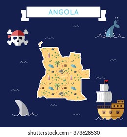 Angola treasure map in flat design. Colorful cartoon treasure map of Angola with flat design icons of pirate ship and jolly roger. Angola flat design vector illustration.