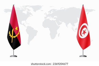 Angola and Tunisia flags for official meeting against background of world map.