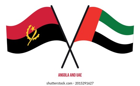 Banderas de Angola y de los Emiratos Árabes Unidos cruzan y ondean al estilo plano. Proporción oficial. Colores correctos.