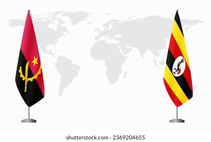 Angola and Uganda flags for official meeting against background of world map.