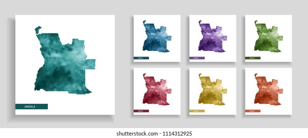 Angola vector map. Set of map, hexagon texture and different colors - green, violet, blue, red, yellow