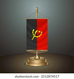 Angola Vertical table flag with golden pole of Angola on dark  gradient background, Template banner vector  Illustration
