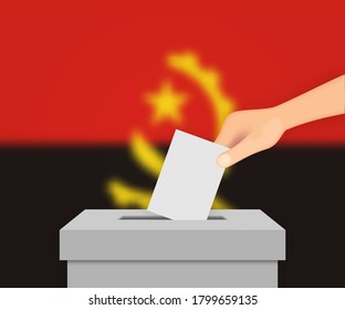 Angola vote election banner background. Ballot Box with blurred flag