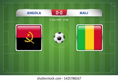 Angola vs Mali scoreboard broadcast template for sport soccer africa tournament 2019 Group E and football championship in egypt vector illustration