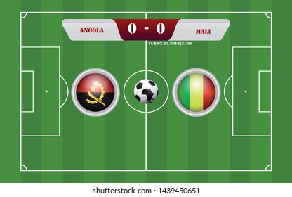 Angola vs Mali scoreboard broadcast template for sport soccer africa tournament 2019 Group E and football championship in egypt vector illustration