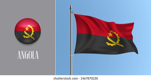 Angola waving flag on flagpole and round icon vector illustration. Realistic 3d mockup with design of Angolan flag and circle button 