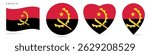 Angola waving flag, round circle sticker badge, heart shaped icon, map pin. Angolan flag buttons of different shapes. Vector illustration isolated on white.