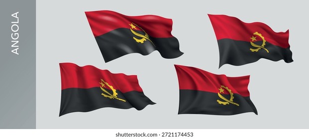 Angola ondeando conjunto de Ilustración vectorial. Verde blanco anaranjado de la bandera realista ondulada angoleña como símbolo patriótico