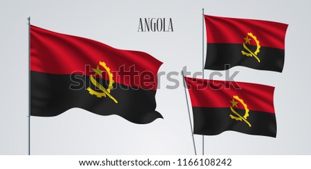 Angola waving flag set of vector illustration. Black red colors and golden emblem of Angola wavy realistic flag as a patriotic symbol 