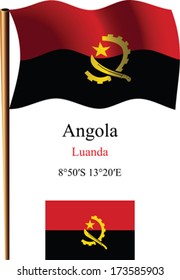 angola wavy flag and coordinates against white background, vector art illustration, image contains transparency