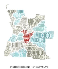 Angola Word Cloud. Country shape with region division. Angola typography style image. Region names tag clouds. Vector illustration.