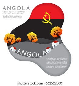 Angola : World Flag in paper cut shapes with trees and mountains in the layers : Vector Illustration