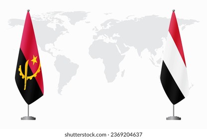 Angola and Yemen flags for official meeting against background of world map.