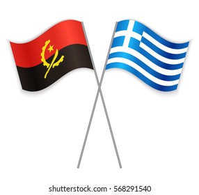 Angolan and Greek crossed flags. Angola combined with Greece isolated on white. Language learning, international business or travel concept.