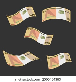 Angolan Kwanza Vector Illustration. Angola money set bundle banknotes. Falling, flying money 100 AOA. Flat style. Isolated on white background. Simple minimal design.