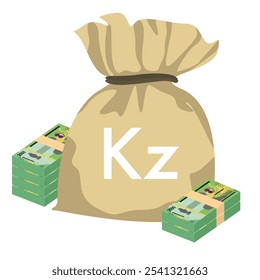 Angolan Kwanza Vector Illustration. Angola money set bundle banknotes. Money bag 2000 AOA. Flat style. Isolated on white background. Simple minimal design