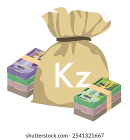 Angolan Kwanza Vector Illustration. Angola money set bundle banknotes. Money bag 500, 1000, 2000, 5000 AOA. Flat style. Isolated on white background. Simple minimal design