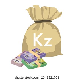 Angolan Kwanza Vector Illustration. Angola money set bundle banknotes. Money bag 1000, 2000, 5000 AOA. Flat style. Isolated on white background. Simple minimal design