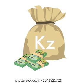 Angolan Kwanza Vector Illustration. Angola money set bundle banknotes. Money bag 2000 AOA. Flat style. Isolated on white background. Simple minimal design