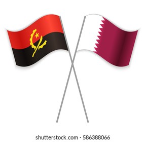 Angolan and Qatari crossed flags. Angola combined with Qatar isolated on white. Language learning, international business or travel concept.