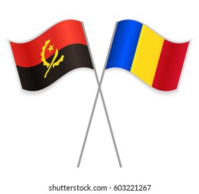 Angolan and Romanian crossed flags. Angola combined with Romania isolated on white. Language learning, international business or travel concept.