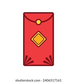 Angpao, angpow, ampao, or chinese lunar red envelope packet colored vector icon illustration with outline isolated on plain white background. Lunar chinese new year themed drawing.