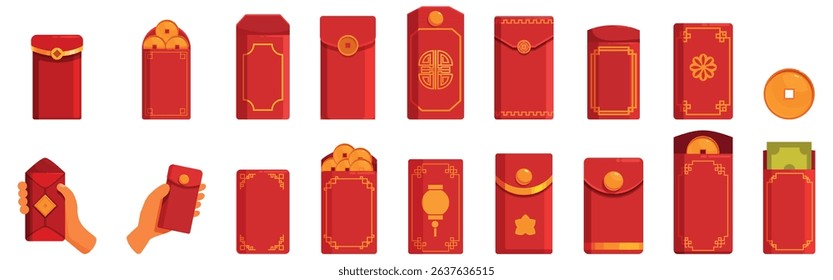 Angpao money envelope icons set. Red envelopes with money and coins are exchanged during lunar new year celebrations as symbols of good luck and prosperity