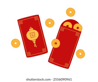 Angpao red envelope with coins vector isolated elements. Asian festive envelope with ornament. Traditional money gift for Lunar New Year, wedding and other occasions. Flat illustration.