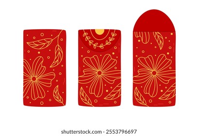 Angpao red envelopes front, back views. Open and close. Hongbao vector isolated elements set. Asian festive envelope with intricate floral ornament, flowers. Traditional gift for Lunar New Year.