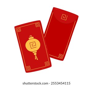 Angpao red envelopes isolated vector elements. Asian festive hongbao with Chinese lantern ornament. Traditional gift for Lunar New Year, wedding and other celebrations. Flat illustration.