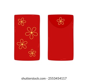 Angpao red envelopes isolated vector elements. Asian festive hongbao with floral ornament, cute flowers. Traditional gift for Lunar New Year, wedding and other celebrations. Flat illustration.