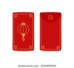 Angpao red envelopes isolated vector elements. Asian festive hongbao with Chinese lantern ornament. Traditional gift with coins money for Lunar New Year, wedding other celebrations. Flat illustration