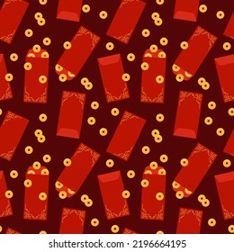 Angpao seamless pattern. Vector background with hongbao red envelopes. Chinese festive traditional gift with coins, money for New Year, birthday, wedding and other holidays. Flat repeat illustration.