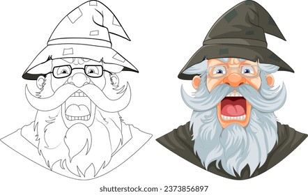 Angrily scowling old man wearing a wizard hat, with a long beard and mustache