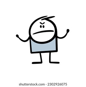 Angry 2D cartoon stickman spreads his arms and catches, stops the ball in the goal. Vector illustration of a man blocking the way.