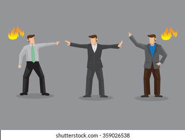 Angry adult men in a fiery conflict and a pacemaker between them trying mediate and stop the argument. Cartoon vector illustration on ugly confrontation concept isolated on grey background.