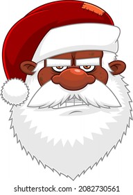 Angry African American Black Santa Claus Face Cartoon Character With Gnash Teeth. Vector Hand Drawn Illustration Isolated On Transparent Background