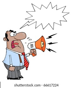 Angry African American Boss Man Screaming Into Megaphone,With A Word Balloon