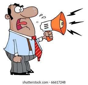 Angry African American Boss Man Screaming Into Megaphone